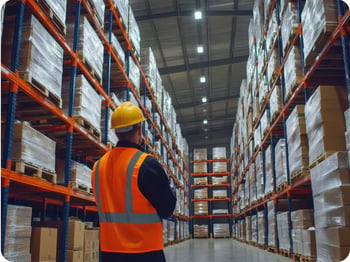 distribution employee in an orange vest checking inventory using Stellar One's Acumatica ERP