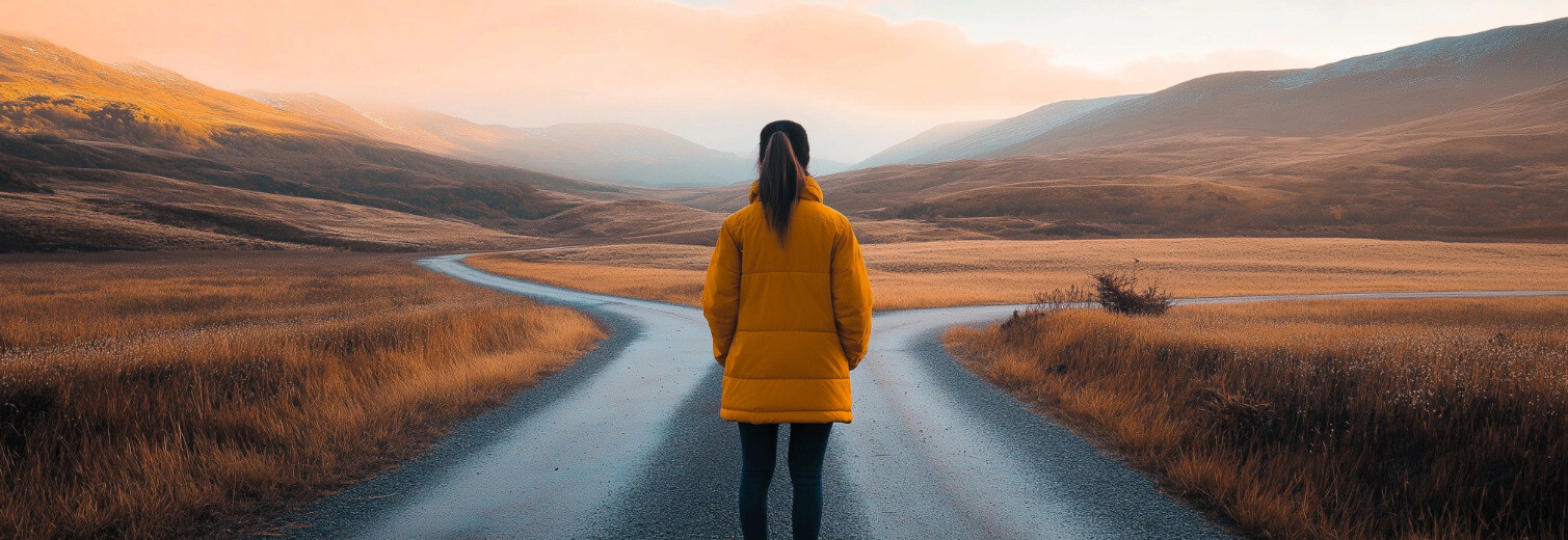 Woman in orange coat standing outside facing two divergent paths